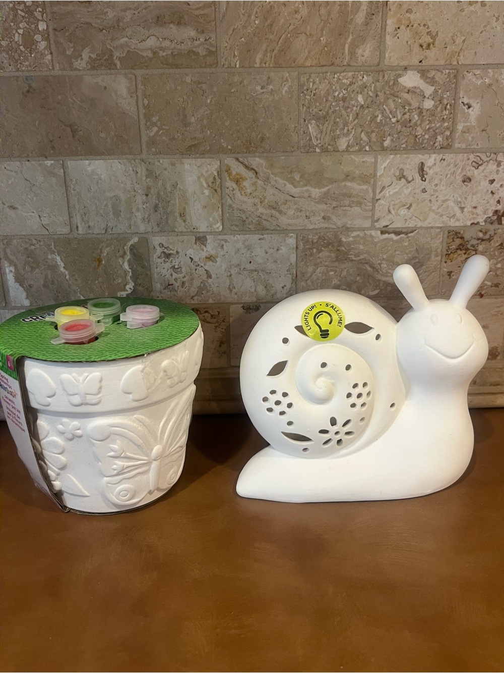 Ceramic Paint-Your-Own light up Snail Figurine & butterfly Planter; New